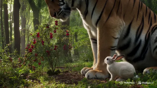 Tiger Helps Rabbit Reach Food in Forest – AI Generated Video | Hailuo AI