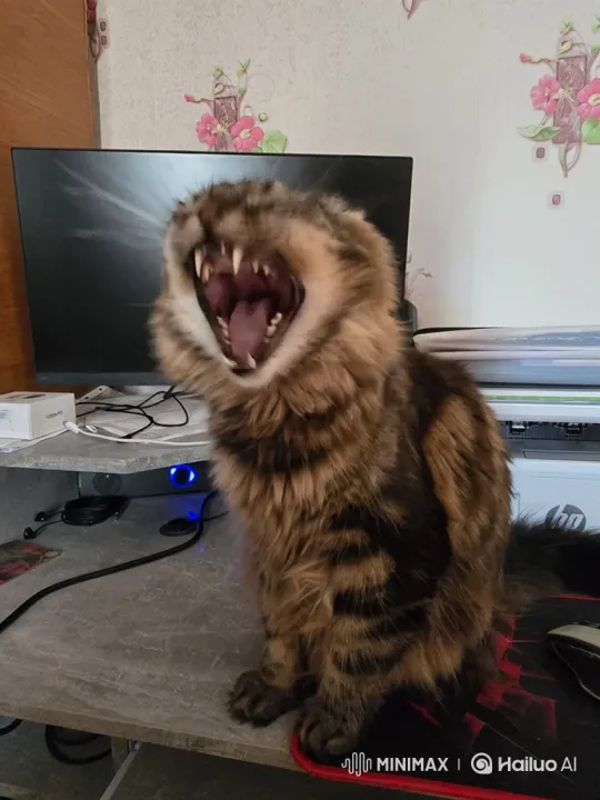 Tabby Cat Yawns in Home Office – AI Generated Video | Hailuo AI