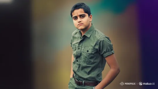 Young Man in Olive-Green Shirt: A Study in Contemplation – AI Generated Video | Hailuo AI