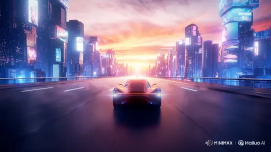 Futuristic Car Drives Through Deserted Neon City Towards Sunset – AI Generated Video | Hailuo AI