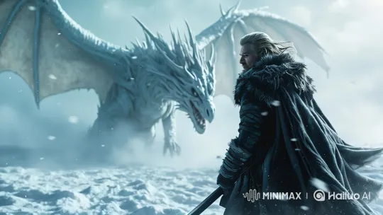 Fantasy Standoff: Warrior vs. White Dragon in Snowy Battlefield – AI Generated Video | Hailuo AI