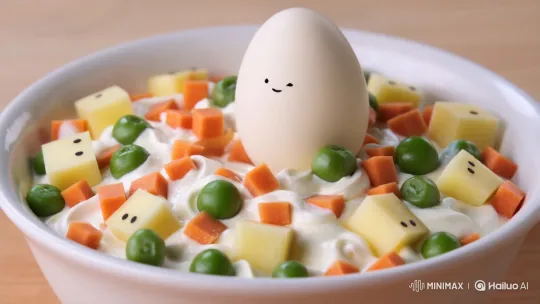 Anthropomorphic Egg 'Lollo' Amuses Russian Salad Veg – AI Generated Video | Hailuo AI