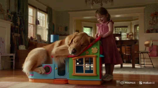 Golden Retriever Sleeps in Dollhouse, Amuses Girl – AI Generated Video | Hailuo AI