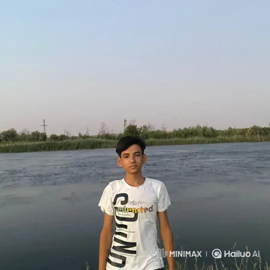 Young Man Stands by Flowing River Amidst Serene Landscape – AI Generated Video | Hailuo AI
