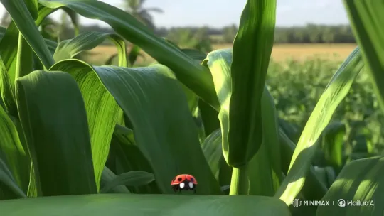 Majestic Ladybug Stumbles Upon Prey in Lush Vegetation – AI Generated Video | Hailuo AI