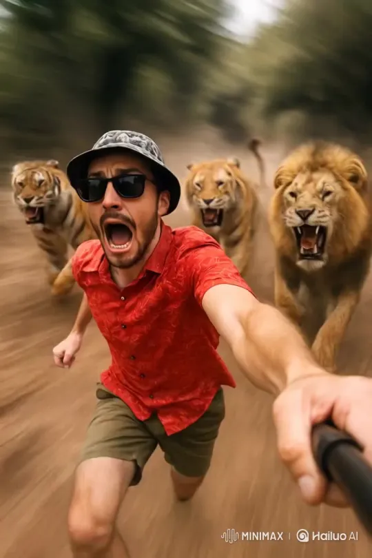 Tiger and Lion Eating Stars and Running – AI Generated Video | Hailuo AI