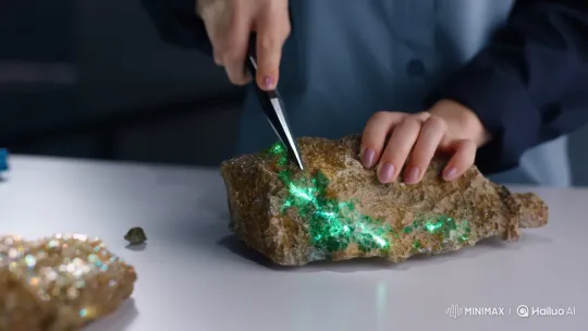 Precision Cutting of a Glowing Fantasy Mineral – AI Generated Video | Hailuo AI