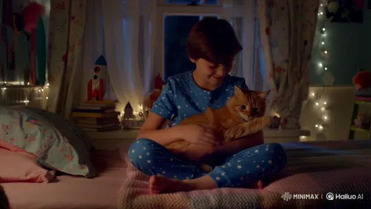 Cozy Night: Boy Cuddles Cat in Star Pajamas – AI Generated Video | Hailuo AI
