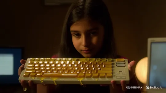 Girl Eats Honey-Covered Keyboard in Realistic Scene – AI Generated Video | Hailuo AI