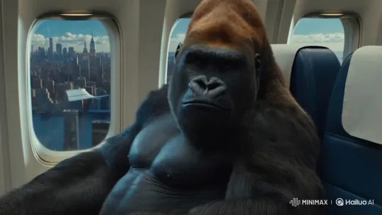 Gorilla in Airplane Window Watching NYC Skyline – AI Generated Video | Hailuo AI