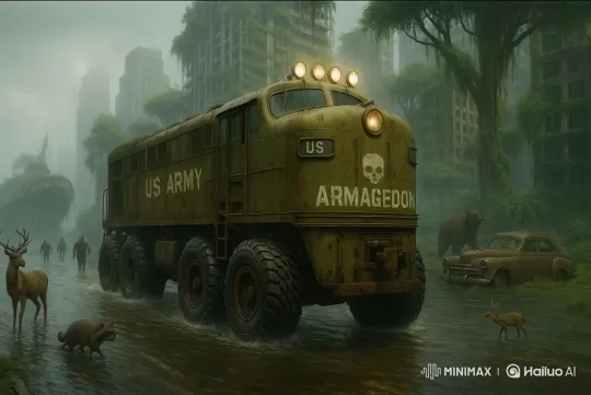 Armageddon" Military Vehicle Navigates Flooded, Overgrown City – AI Generated Video | Hailuo AI