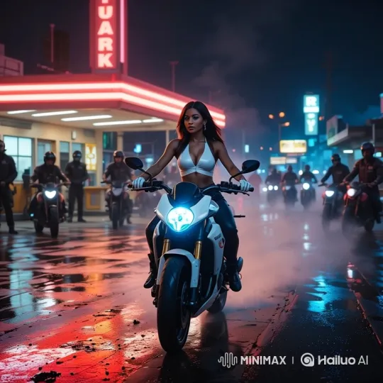 Woman Leads Night Ride on Wet City Streets – AI Generated Video | Hailuo AI
