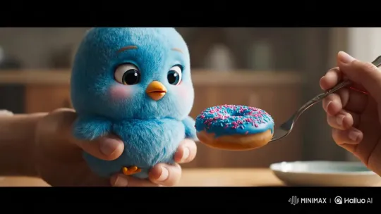 Blue Chick Eating a Blue Donut in 10-Second Video – AI Generated Video | Hailuo AI