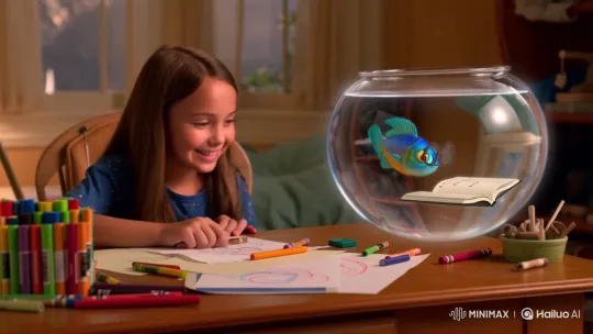 Young Girl Laughs at Reading Fish in Magical Bedroom – AI Generated Video | Hailuo AI