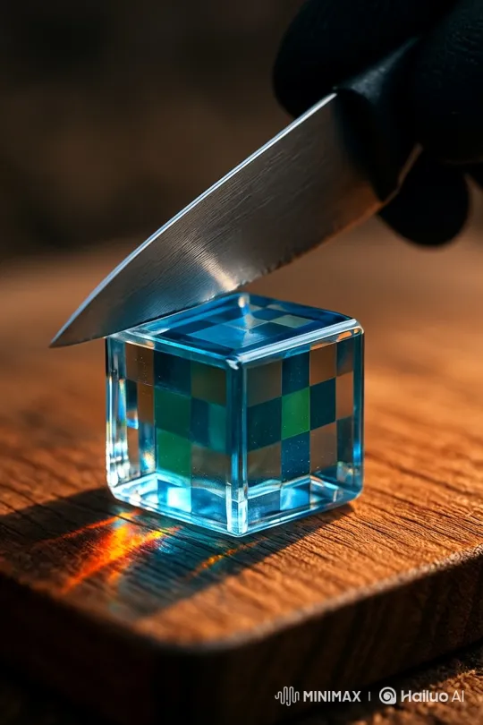 Hyper-Realistic Glass Cube Sliced with Precision – AI Generated Video | Hailuo AI