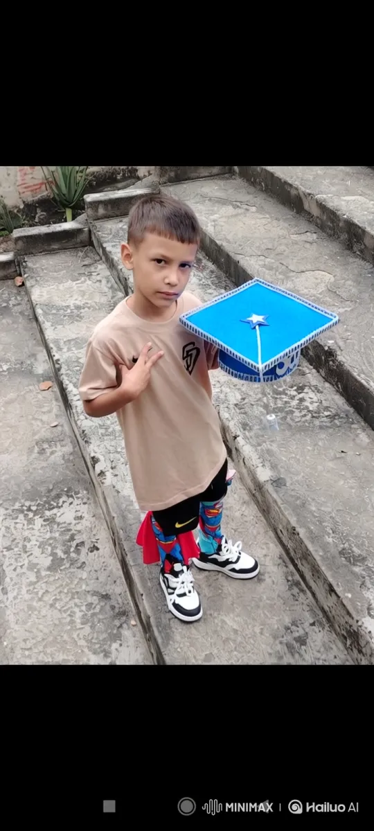 Young Boy in Superhero Outfit Poses Confidently on Wide Concrete Stairs – AI Generated Video | Hailuo AI