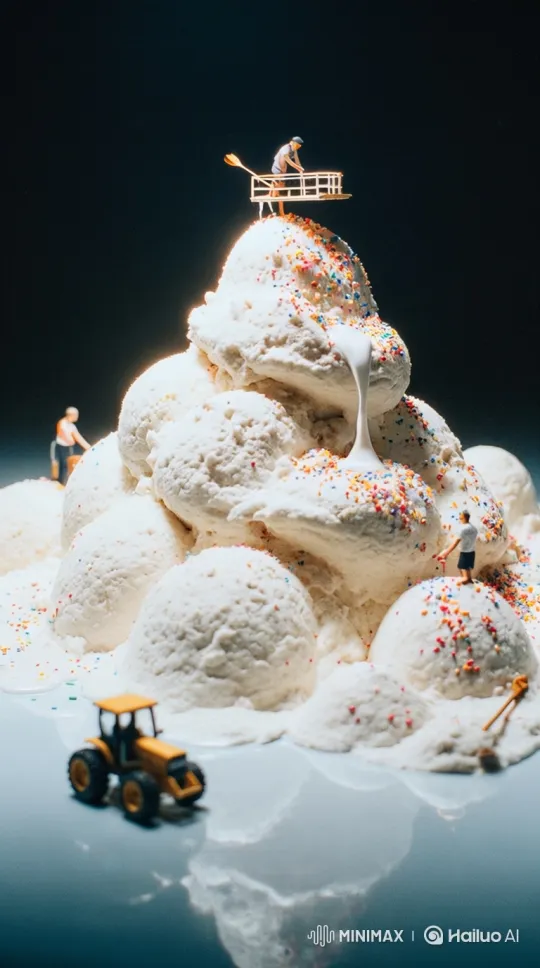 Miniature Ice Cream Construction World with Melting Details – AI Generated Video | Hailuo AI