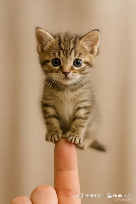 Tiny Tabby Kitten Adorably Perched on Finger – AI Generated Video | Hailuo AI
