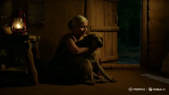 Elderly Grandmother Embraces Her Dog in Humble Hut – AI Generated Video | Hailuo AI