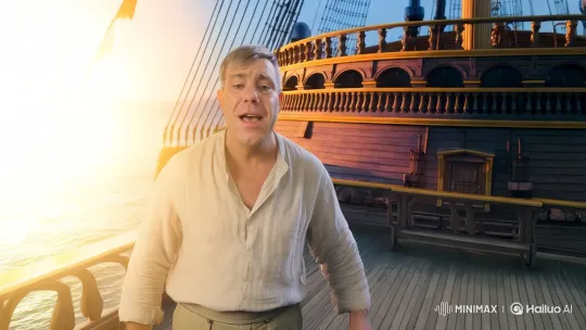 Man Sings Passionately on Grand Ship at Sunset – AI Generated Video | Hailuo AI