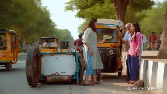 Woman Argues with Broken Auto-Rickshaw Driver on Busy Street – AI Generated Video | Hailuo AI