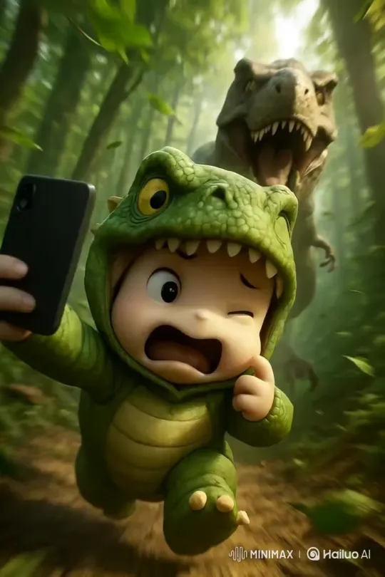 Chibi T-Rex Films Himself Fleeing a Realistic Predator – AI Generated Video | Hailuo AI