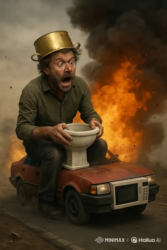 Chaotic Escape: Man on Toilet-Top Car Fleeing Explosion – AI Generated Video | Hailuo AI