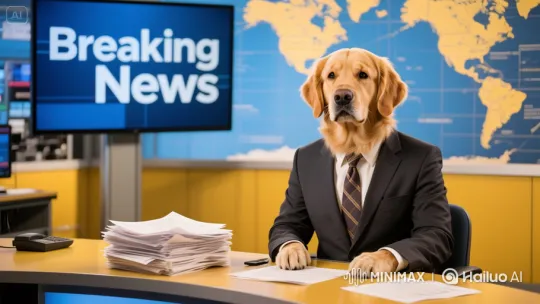 Golden Retriever Anchors News Broadcast with a Wave – AI Generated Video | Hailuo AI
