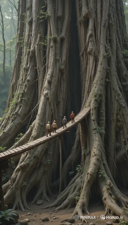 Tiny Explorers Cross Wobbly Bridge to Giant Tree's Secret Opening – AI Generated Video | Hailuo AI