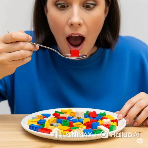 Woman Enjoys Eating Lego Bricks in Amusing Video – AI Generated Video | Hailuo AI