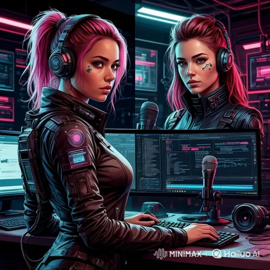 Cyberpunk Broadcast Studio with Focused News Anchors – AI Generated Video | Hailuo AI