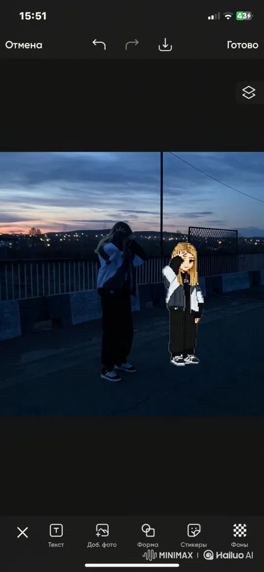 Real Person and Avatar Pose on Bridge at Dusk – AI Generated Video | Hailuo AI