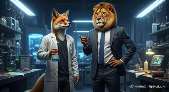 Fox Scientist Explains Data to Lion Businessman – AI Generated Video | Hailuo AI