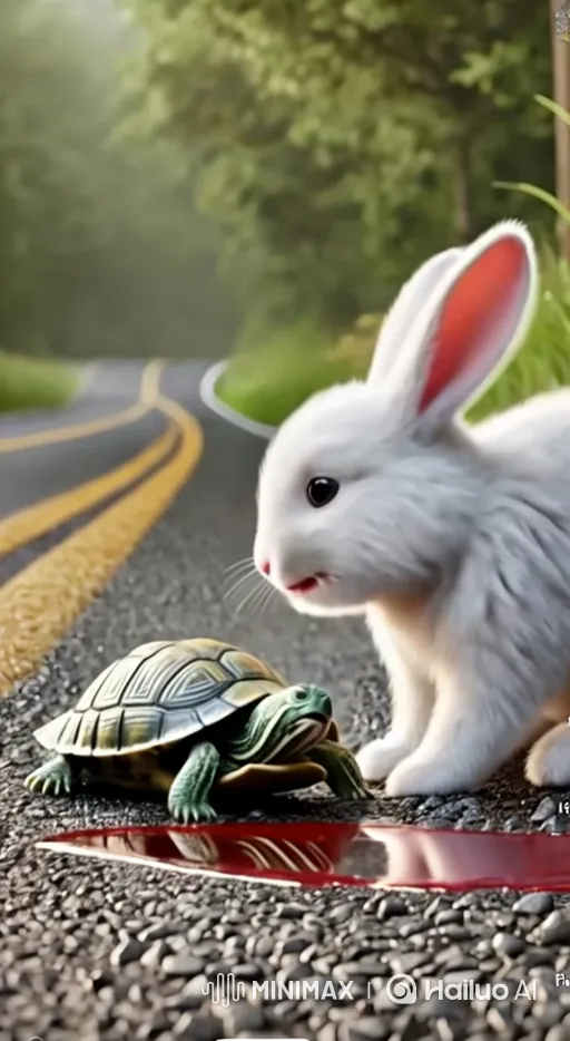 Rabbit Rescues Turtle on Country Road – AI Generated Video | Hailuo AI