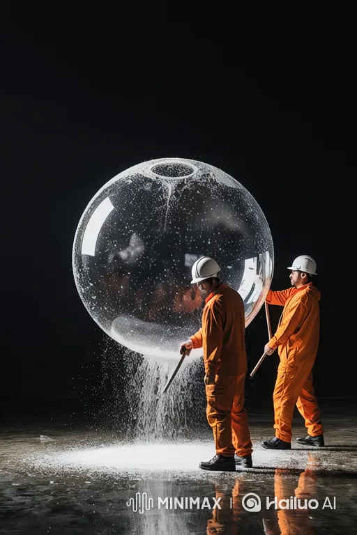 Workers Monitor Steady Flow of Substance in Dark Space – AI Generated Video | Hailuo AI