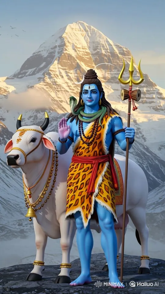 Blue-skinned deity in serene mountain setting with bull and snake – AI Generated Video | Hailuo AI
