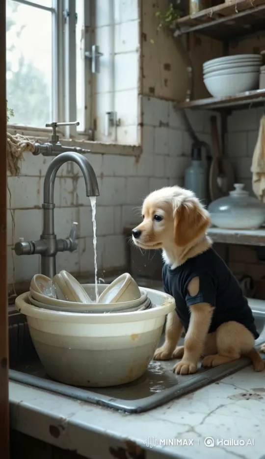 Dog Thoroughly Washes Bowl in Kitchen Sink – AI Generated Video | Hailuo AI