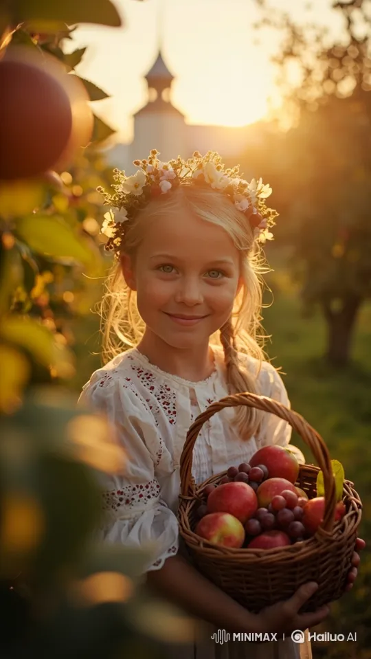 Young Girl in Apple Orchard at Sunset - A Moment of Simple Joy – AI Generated Video | Hailuo AI