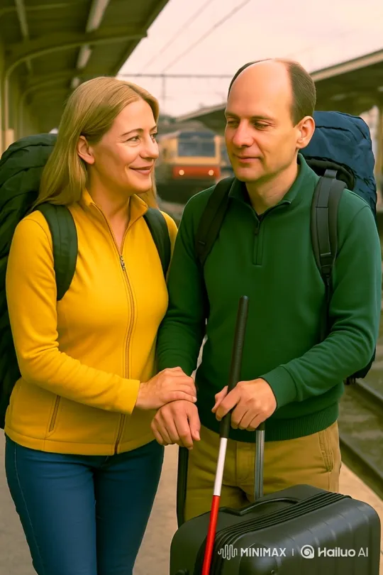 Couple on Train Station Platform, Woman Supports Blind Man – AI Generated Video | Hailuo AI