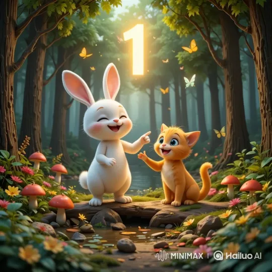 Magical Forest Scene with Smiling Rabbit and Kitten – AI Generated Video | Hailuo AI