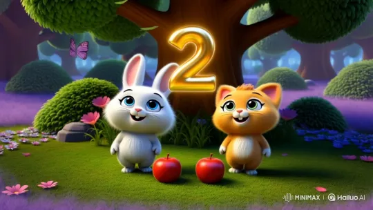 Cute Bunny and Kitten Point at Apples in Magical Forest – AI Generated Video | Hailuo AI