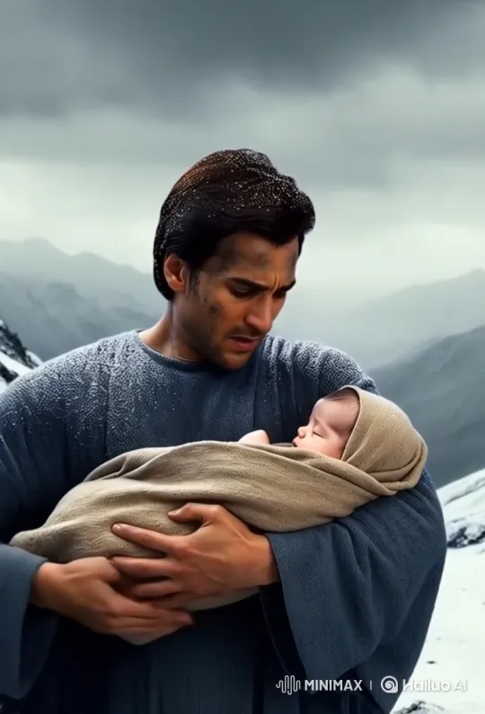 Soldier cradles baby in desolate snowy landscape – AI Generated Video | Hailuo AI
