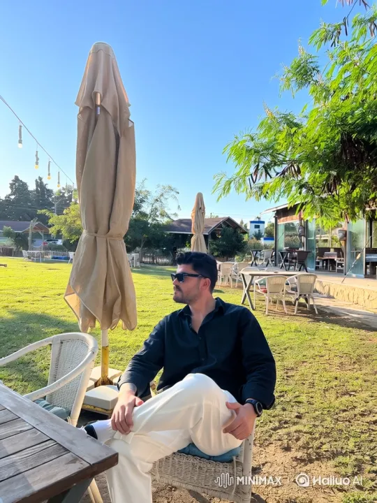 Man and Little Girl Embrace in Sunlit Garden Cafe – AI Generated Video | Hailuo AI