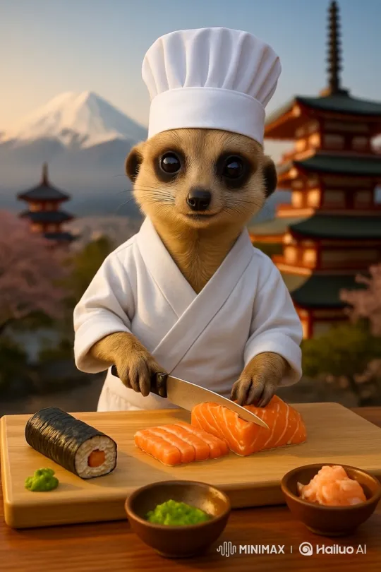 Meerkat Chef Prepares Sushi with Precision – AI Generated Video | Hailuo AI