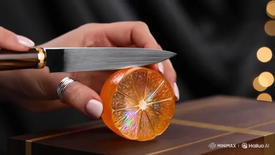 Precision Slicing of Crystal Orange Sculpture – AI Generated Video | Hailuo AI