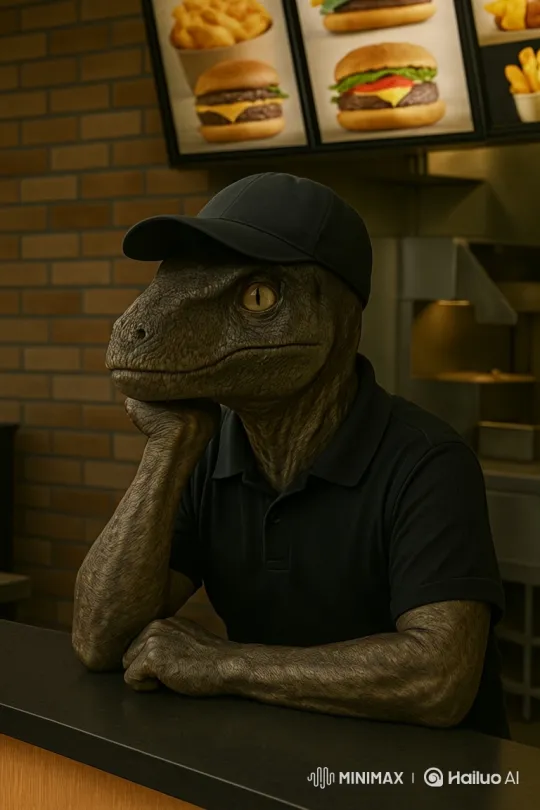 Velociraptor Employee Sighs in Boredom at Fast-Food Counter – AI Generated Video | Hailuo AI