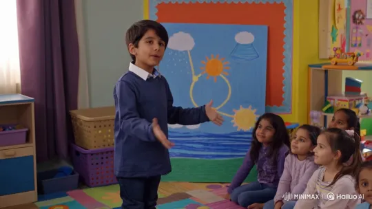Young Boy Explains Water Cycle to Preschoolers – AI Generated Video | Hailuo AI