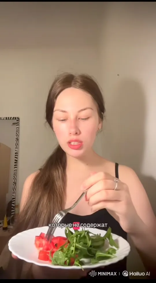 Young Woman Transitions from Salad to Meat with Satisfaction – AI Generated Video | Hailuo AI