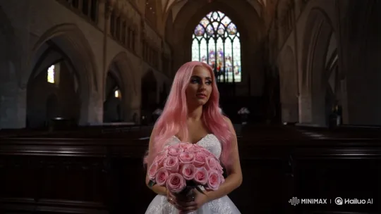 Pink-haired Bride in Grand Gothic Church – AI Generated Video | Hailuo AI
