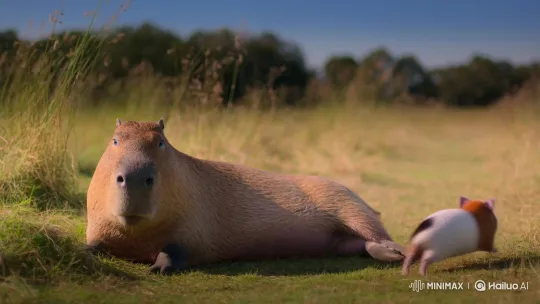 Capybara and Guinea Pig's Peaceful Play in Sunlit Field – AI Generated Video | Hailuo AI
